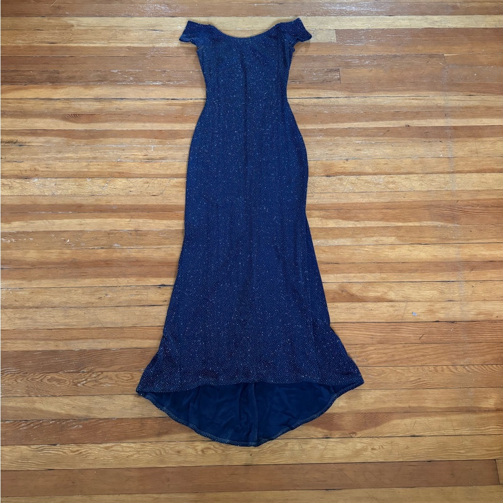 90s Jessica McClintock cap sleeve glittery midnight blue prom or evening dress